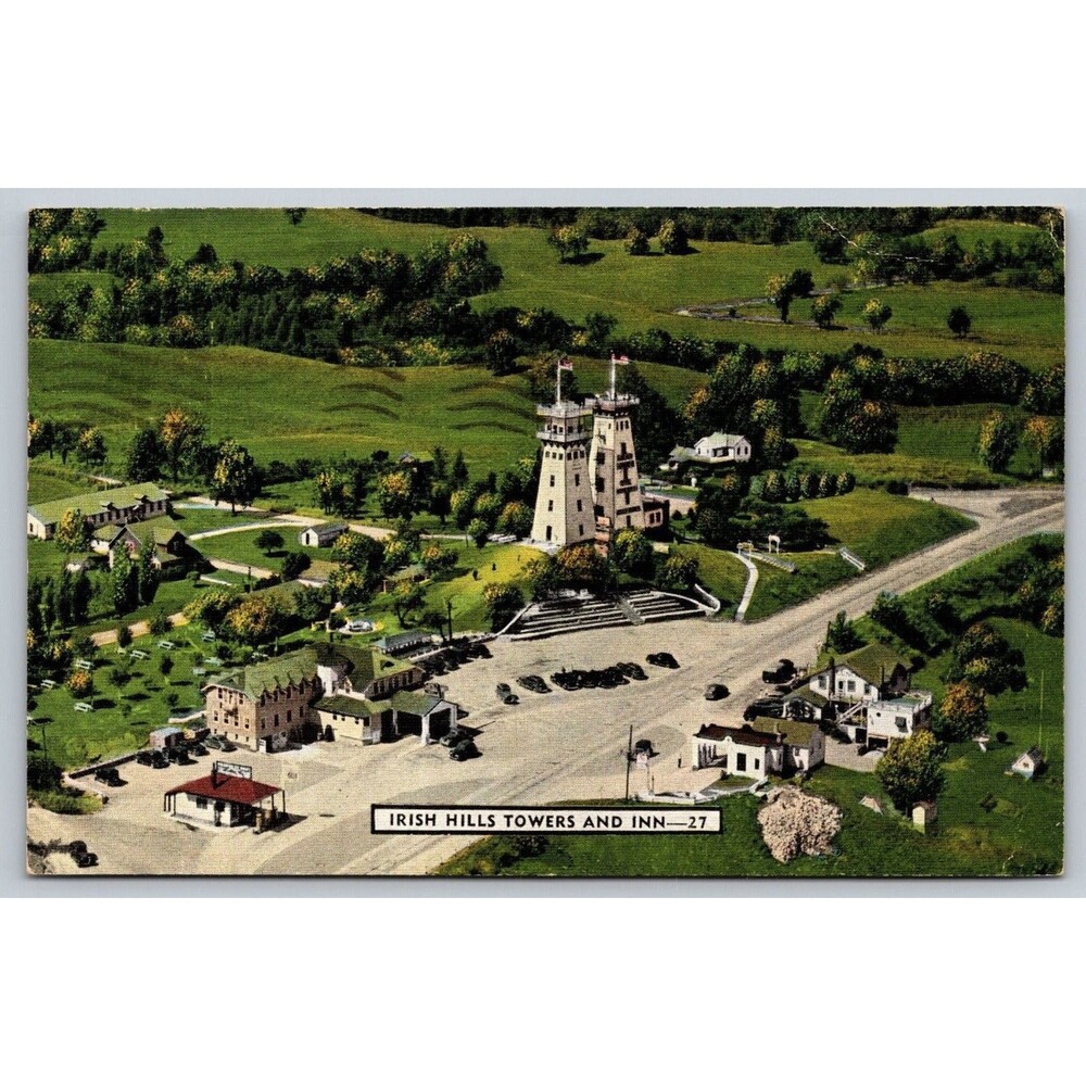 Vtg 1949 Irish Hills Towers and Inn Michigan Linen Postcard Posted Charlotte MI
